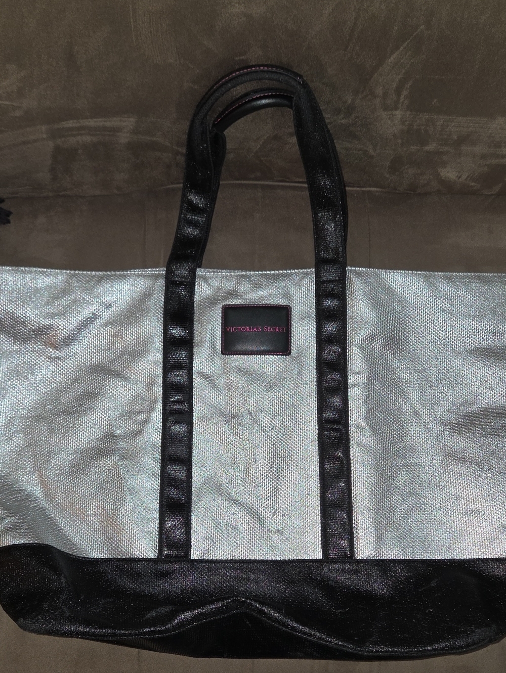 Victoria's Secret Metallic Silver Tote with Black Trim